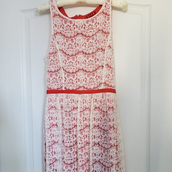 Coral and White Sleeveless Fit and Flare Lace Dress - Picture 1 of 4